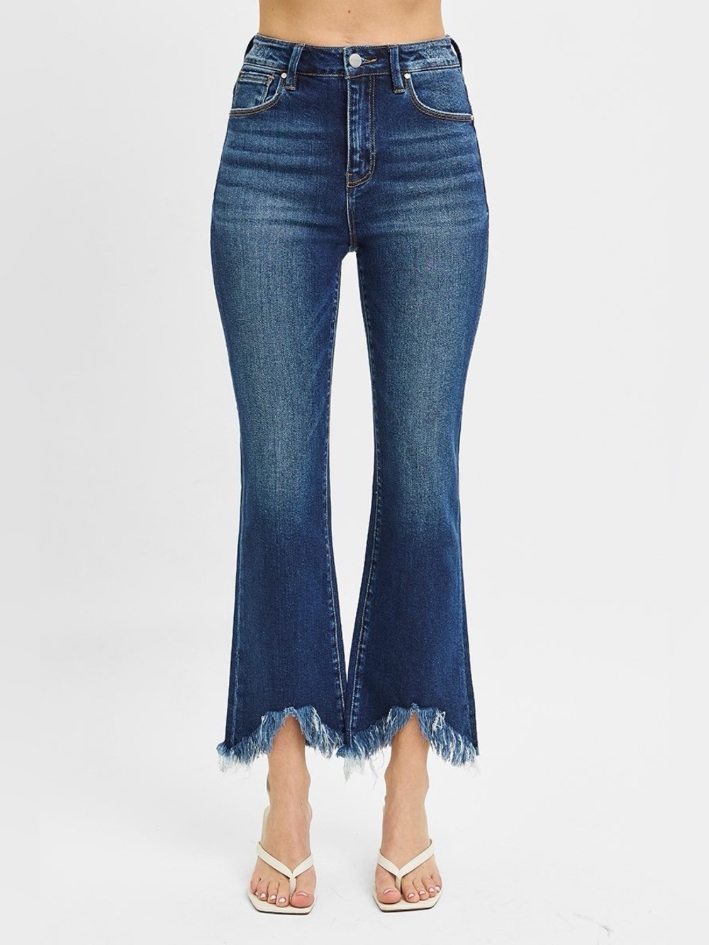 RDP5599SZ DARK Risen High Rise Crop Bootcut Fray Hem Jeans